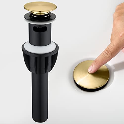 TIORIY Pop up Bahtroom Sink Drain with Overflow, Brushed Gold Vessel Sink Drain for Bathroom Assembly, Anti Clogging Bathroom Sink Stopper, Suit for 1 3/4 Hole - color: With Overflow Brushed Gold