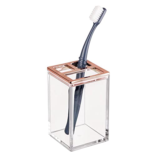mDesign Plastic Bathroom Vanity Countertop Accessory Set - Includes,Soap Dispenser, Toothbrush Holder, Lidded Canister, and Tumbler Rinsing Cup; Lumiere Collection - Set of 4 - Clear/Rose Gold