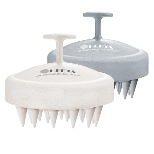 HEETA Scalp Massager Hair Growth 2-Pack, Silicone Scalp Scrubber Shampoo Brush for Exfoliation Dandruff Removal Head Massage Stress Relax, Wet & Dry Use for Women Men Hair Care, Wheat Straw Material - color: Dark Grey & Beige