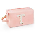 Personalized Initial Makeup Bag with Handle, Preppy Cosmetic Bag with Inner Zipper Pocket, 8 9 10 11 12 13 14 Years Old Girl, Graduation Gifts for Teen Girls Women Teachers (T, Pink) - color: Pink, style: T