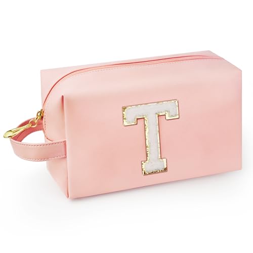 Personalized Initial Makeup Bag with Handle, Preppy Cosmetic Bag with Inner Zipper Pocket, 8 9 10 11 12 13 14 Years Old Girl, Graduation Gifts for Teen Girls Women Teachers (T, Pink) - color: Pink, style: T