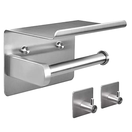 Tindbea Toilet Paper Holder Wall Mount + Towel Robe Hooks, Adhesive or Screw Wall Mounted Toilet Paper Roll Holder with Shelf, Stainless Steel Bathroom Organizers and Storage Kit (Brushed Nickel) - color: Brushed Nickel, size: Regular
