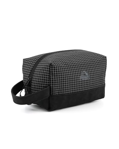 GOX Premium Plaid & Leather Travel Toiletry Bag with Reinforced Handles Cosmetic Organizer (9x5.1x5.1 inches) for Bathroom, Shaving, Makeup Essentials (Black) - color: Black