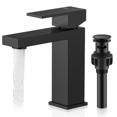 KENES Matte Black Single Handle Bathroom Sink Faucet, Stainless Steel Vanity Faucet for Bathroom Sink, with Pop Up Drain Stopper & Water Supply Hoses LJ-9031-2 - color: Matte Black, size: Short