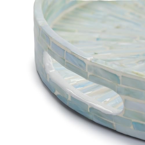 PEMAR 12.6” Mother of Pearl Round Serving Tray with Handles, Decorative Nacred Wooden Ottoman Coffee Table Tray (Teal Sunlight) - color: Teal Sunlight