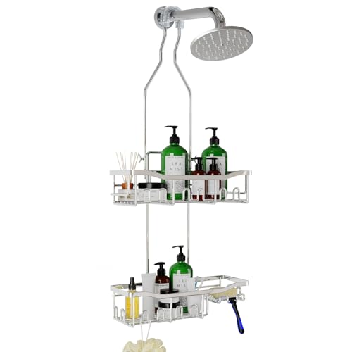 Upgraded Extended Length Shower Organizer with Hooks, Rustproof Shampoo Soap Holder, Large Hanging Bathroom Caddy, Silver - color: Silver - 2 Tier - Standard