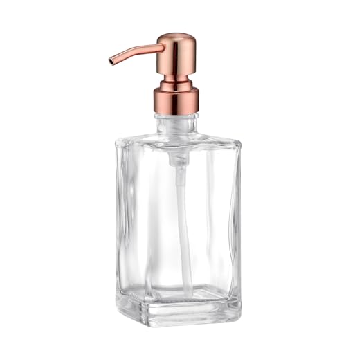 13.5 Oz Clear Glass Soap Dispenser with Rust Proof Stainless Steel Pump, Antique Design Refillable Square Lotion Dispenser for Bathroom, Premium Kitchen Hand Soap (Red Copper) - color: Red Copper