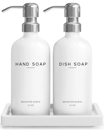 White Glass Hand and Dish Soap Dispenser Set by Brighter Barns - Kitchen Soap Dispenser Set with Tray & Pump for Office, Hotel, Vacation Rental, Airbnb - Modern Kitchen Decor & Accessories (White) - color: Silver Hd