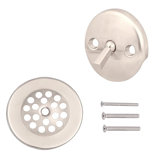 Trip Lever Bathtub Drain Kit with Strainer – 2-Hole Overflow Faceplate, Matching Screws – Tub Drain Trim Replacement Set for Bathroom Bathtubs - color: Brushed Nickel