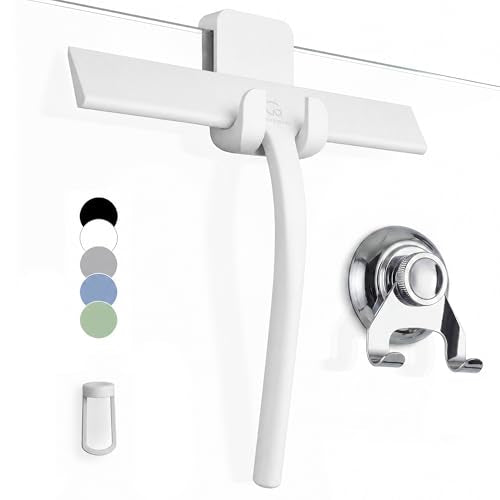 GÜTEWERK Silicone Shower Squeegee for Glass Doors & Mirrors with Stainless Steel Core, Streak-Free & No-Squeak Window Cleaning, 3-in-1 No-Drill Mount (Hook/Suction/Adhesive),White, 9 Inches - color: White, size: 9 Inches