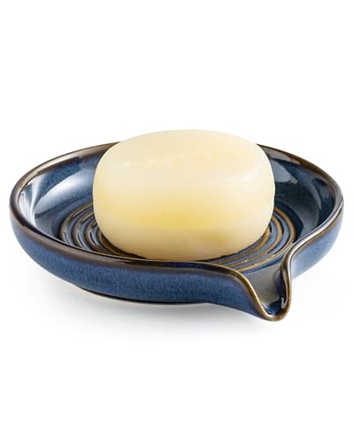 Soap Dishes, Ceramic Shower Soap Dish with Waterfall Design Bar Soap Holder Self Draining Soap Saver for Shower, Bathroom, Sink, Kitchen and Countertop, Blue - color: Blue, size: Round