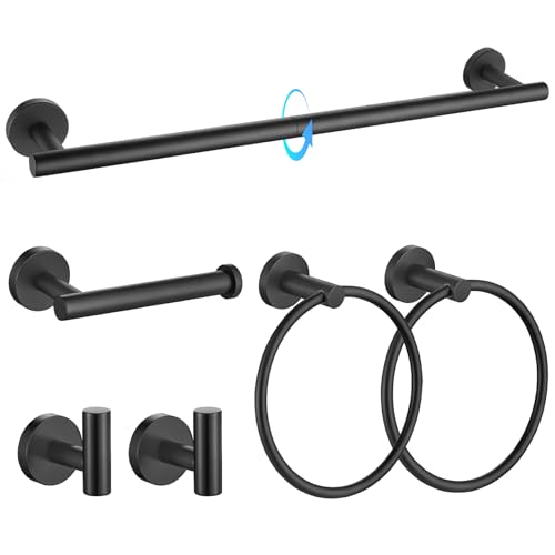 TQKAG Matte Black Bathroom Hardware Set 6-Piece Bathroom Accessory Set 23.6 Inch Round Stainless Steel Towel Bar Set Wall Mounted - color: Matte Black, size: 6-Pieces Set