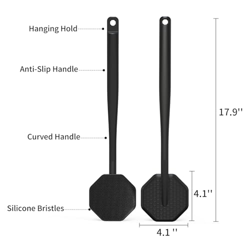 iTokGoK® Premium Silver-Infused Silicone Back Scrubber with Long Handle Back Brush for Shower,Back Brush Long Handle for Men and Women,Ergonomic No-Slip Handle, Long-Lasting (Black) - color: Black