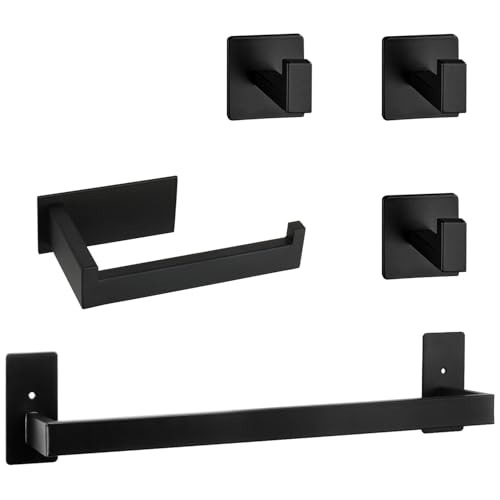 5 Pieces Self Adhesive Bathroom Hardware Set-SUS304 Stainless Steel-Towel Rack Set Include 16″Towel Bar+Toilet Paper Holder+3 Towel/Robe Hooks Bathroom Accessory (Matte Black, 16 in)