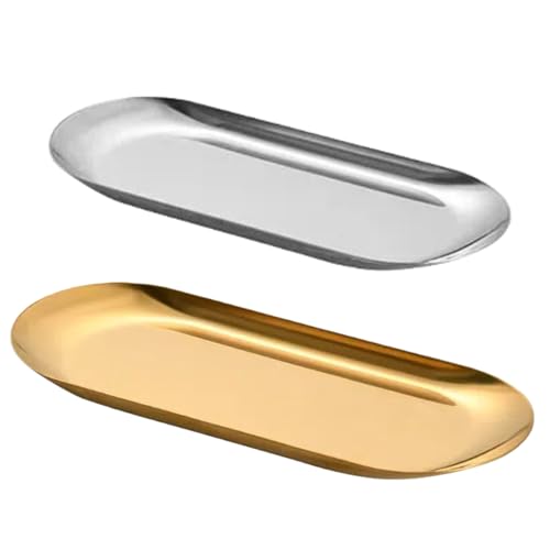 Stainless Steel Decorative Tray 2 PC, 10.2 Inch & 8.7 inch, Metal Serving Tray Jewelry Dish Cosmetics Organizer Bathroom Clutter Serving Platter Small Storage Tray, Oval（Gold & Silver）