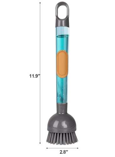 Soap Dispensing Dish Brush with Handle, 360° Rotating Head, 5-Piece Kitchen Cleaning Set (2 Brush Heads & 3 Sponges), Non-Scratch Scrubber for Pot, Pan, Sink, Leak-Proof Dishwand, Grey - color: Gray