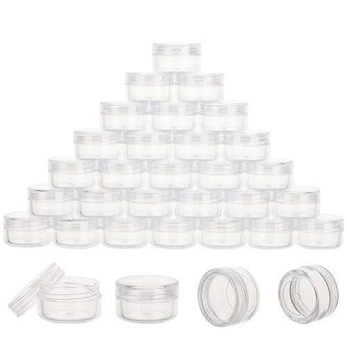 200 Count 5 Gram Sample Containers, Clear Lip Balm Containers with Lids, Small Plastic Sample Jars with 12 Mini Spoons, 200pcs Labels (Clear Lid) - color: Clear, size: 200 Count