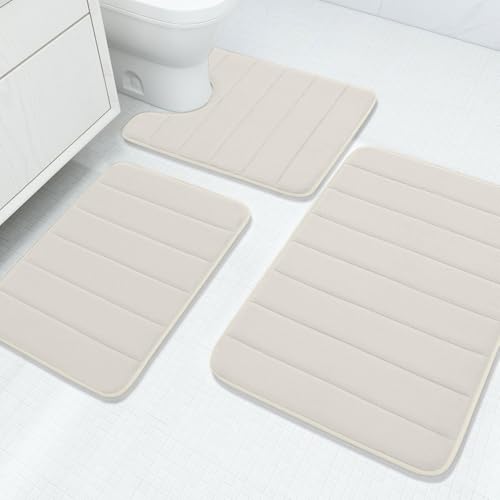 Buganda Memory Foam 3 Pieces Bathroom Rugs Set - Thick Soft Absorbent Bath Mats, Washable Small/Large/Contour Bath Rugs (24" x 16" + 30" x 20" + 24" x 20", Cream) - color: Cream, size: 24" X 16" + 30" X 20" + 24" X 20"