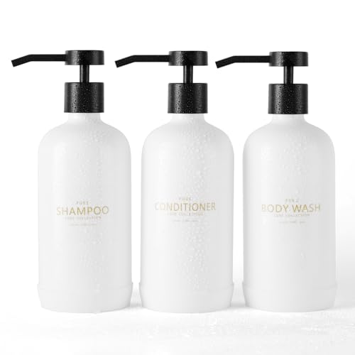 Shampoo and Conditioner Dispenser Set of 3,Refillable 21oz Shampoo Bottles with Non-Slip Protective Silicone Pad,Shower Soap Dispenser with Waterproof Labels for Bathroom (White) - color: White Bottles + Black Pumps