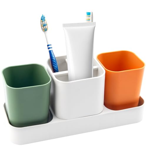 Toothbrush Holder for Bathroom, Bathroom Organizer Storage Set with 2 Cups, Kids Electric Toothbrush Holder, Bathroom Accessories Storage for Toothpaste