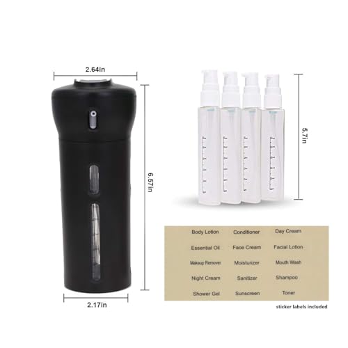 Travigo 4-in-1 Travel Dispenser Bottle, TSA Approved, Leak Proof, Four Reusable 1.4 oz. (40 mL) Toiletry Containers for Shampoo, Conditioner, Soap, Lotion, Skincare (Black) - color: 1 Dispenser (Black)