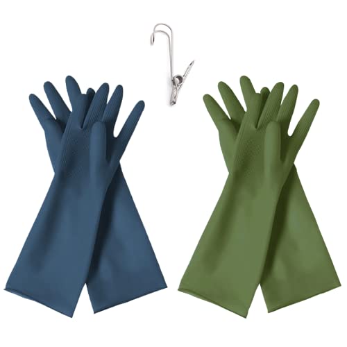 HOMSSEM Dishwashing Gloves - 2 Pairs Premium Rubber Gloves for Cleaning - Urban Gray, Green, Blue - color: Blue + Green - Large
