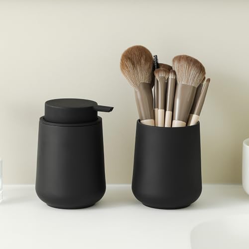 YAUKPH Matte Black Bathroom Accessories 2 Piece Set Plastic Soap Dispenser and Toothbrush Holder for Modern Bathroom Decor - color: Matte Black