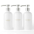 Shampoo and Conditioner Dispenser Set of 3,Refillable 21oz Shampoo Bottles with Non-Slip Protective Silicone Pad,Shower Soap Dispenser with Waterproof Labels for Bathroom (White) - color: White Bottles + Silver Pumps