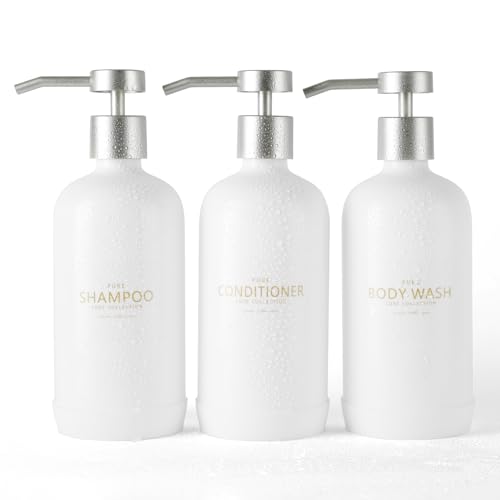 Shampoo and Conditioner Dispenser Set of 3,Refillable 21oz Shampoo Bottles with Non-Slip Protective Silicone Pad,Shower Soap Dispenser with Waterproof Labels for Bathroom (White) - color: White Bottles + Silver Pumps