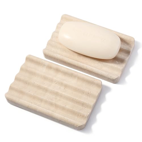 Koville 2PCS Travertine Soap Dishes for Shower, Marble Soap Dish Bar Soap Holder for Sink, Stone Soap Tray for Bathroom, Stripe Grooves Saver Keep Bars Dry Easy Clean - color: Travertine