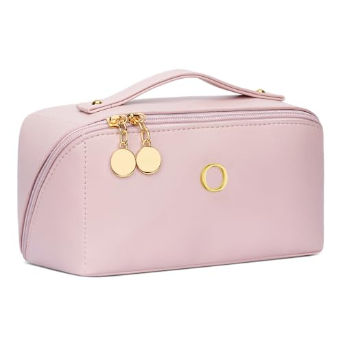 Initial Makeup Bag Gifts for Women Bridesmaid Gifts Travel Toiletry Personalized PU Leather Waterproof Cosmetic Bag (Medium-Pink-O) - color: MediumPink, style: O