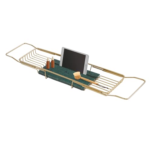 Expandable Bathtub Tray Caddy Shelf with Marble Table Mobile/Tablet Stand, Luxury Bath Tub Tray Rack, Bathroom Home Spa Shower Accessories Perfect Relaxing Spa Gifts for Women and Towel