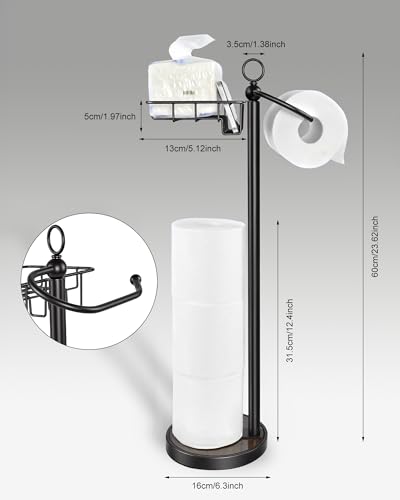 Toilet Paper Holder Free Standing with Basket for Phone & Wet Wipes, Stainless Steel Toilet Paper Holder for 4 Rolls Storage, Stable Weighted Base and Rustproof 23" H for Bathroom (Black) - color: Matte Black