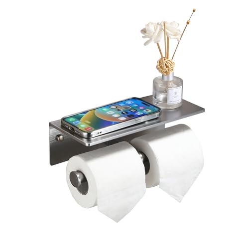 Toilet Paper Holder - Double Rolls Toilet Tissue Holder with Phone Shelf for Bathroom - TP Roll Holder with Wipes Storage, Wall Mounted by Adhesive Tape No Drilling or Screw - Brushed Nickel - color: Brushed Nickel-2 Rolls