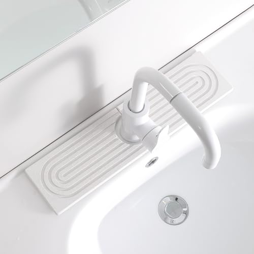 Diatomite Faucet Mat for Kitchen Sink, Quick-Dry Stone-Like Sink Mat, Flat Lay Absorbent Countertop Drying Mat for Faucet Area, Hard Diatomite Mat, White, 15.8 x 4 in - color: White-D