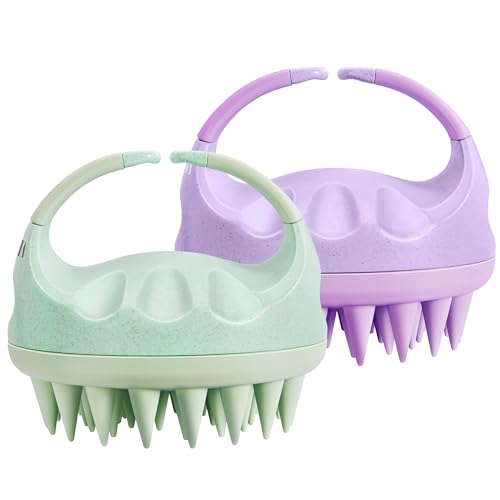 HEETA Scalp Massager with Soft Silicone Bristles for Hair Growth, Dandruff Removal, and Scalp Relaxation - Shampoo Brush for Wet or Dry Hair (Green & Purple) - color: Green & Purple
