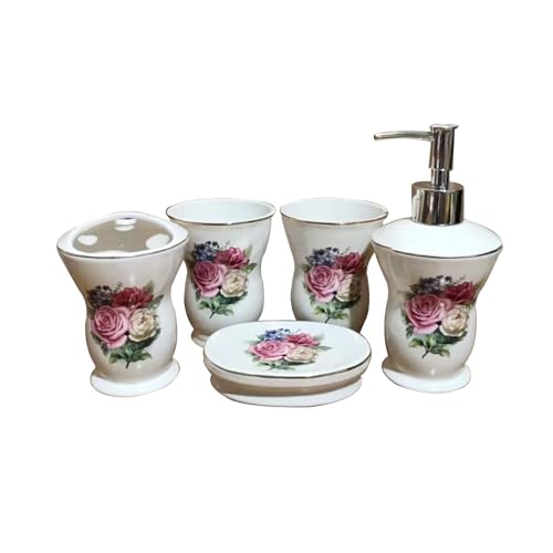 Bathroom Accessories Set 5 Pcs, Soap Dispenser, Toothbrush Holder, Bathroom Tumbler, Soap Dish Modern Bathroom Decor Housewarming Gift,Pink - color: Pink