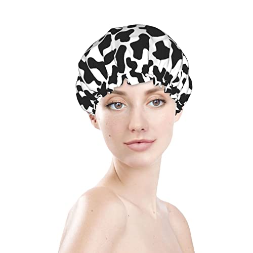 Black And White Cow Skin Abstract Animal Farm Shower Cap For Women Adjustable Double Waterproof Layers Bathing Bath Cap Hair Protection Reusable Ladies Spa Salon Shower Hat - color: Balck And White Cow Skin Abstract Animal Farm