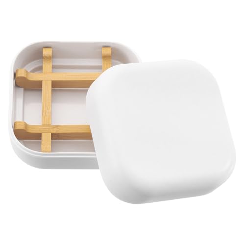 uxcell Wooden Soap Holder, Detachable Self Draining Square Soap Dishes with Lid, Wooden Bamboo Soap Bar Tray for Shower (Double Pack Rounded White) - color: White