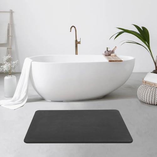 J&V TEXTILES Stone Bath Mat Diatomaceous Earth Shower Mat Non-Slip Super Absorbent Diatomite Stone Mats for Bathroom Floor Quick-Drying Easy to Clean (24''*15'') (Matte Black) - color: Matte Black