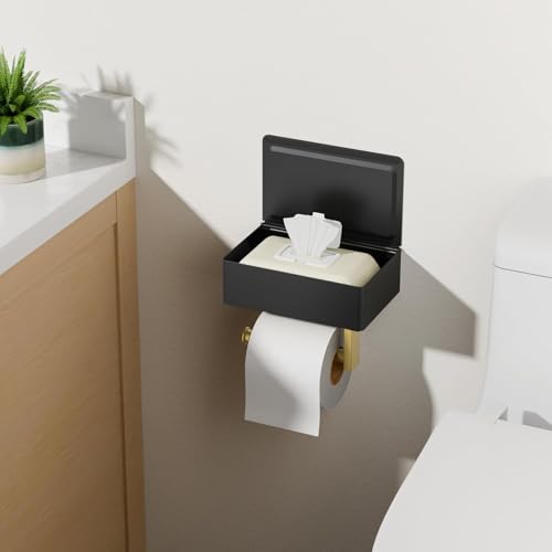 FORIOUS Toilet Paper Holder with Shelf, SUS304 Stainless Steel Wall Mount Toilet Paper Roll Holder, Flushable Wipes Dispenser Fits for Bathroom Wipe Storage, Bathroom Organizer (Black & Gold) - color: Matte Black & Brushed Gold, size: 1 Pack-8" (L)