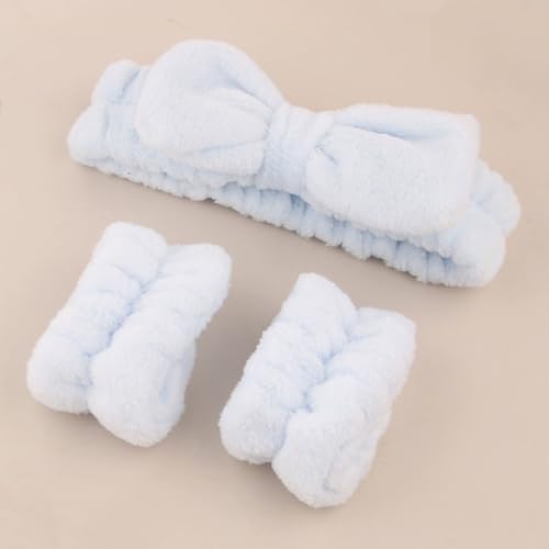 3 Pieces Face Wash Headband and Wristband Set, Makeup Skincare Headbands Spa Headband Towel for Women Skin Care Bath Wrist Bands for Washing Face (Light Blue) - color: Light Blue