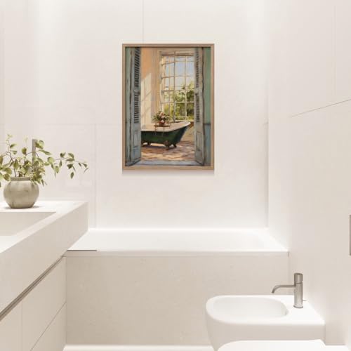 Framed Vintage Canvas Wall Art Print Classical Bathroom Bathtub Poster Flowers Gallery Style Picture Home Decor Rustic Bathroom farmhouse Apartment 12X16 Inch Ready to Hang - color: Classical Bathroom Bathtub, size: 16L" x 12W"
