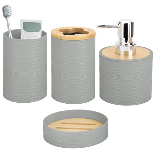 4 Pieces Bamboo Bathroom Accessories Set, Bathroom Accessory Set with Soap Dispenser and Toothbrush Holder, Soap Dish and Toothbrush Cup, Boho Bathroom Decor(Grey) - color: Grey
