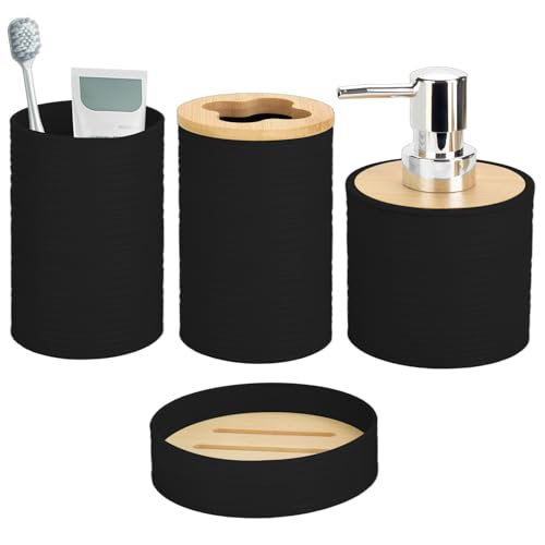 Bamboo Bathroom Accessories Set 4 Pcs, Black Bathroom Accessory Set with Soap Dispenser and Toothbrush Holder, Soap Dish and Mouthwash Cup, Boho Bathroom Decor - color: Black