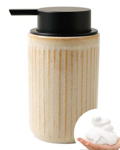 BosilunLife Foam Hand Soap Dispenser - Ceramic Foaming Soap Dispenser for Bathroom 12oz Refillable Liquid Lotion Soap Dispenser with Rust-Proof Foaming Pump for Countertop, Greige - color: Greige Foam Pump
