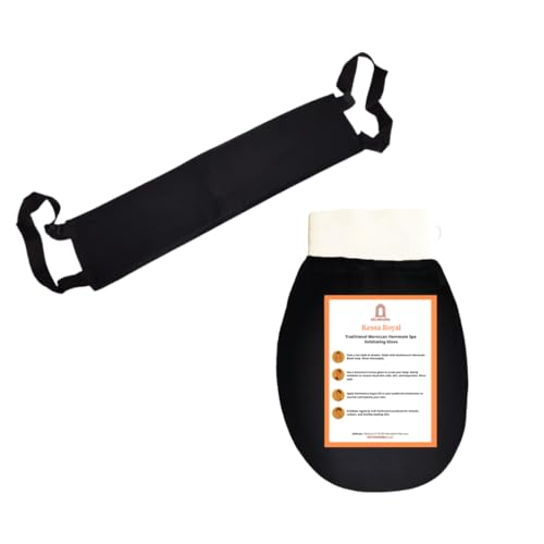 Moroccan Hammam Kessa Exfoliating Glove & Adjustable Back Scrubber Strap Set – Deep Cleansing Body Mitt + Shower Back Scrubber for Silky Smooth, Radiant Skin