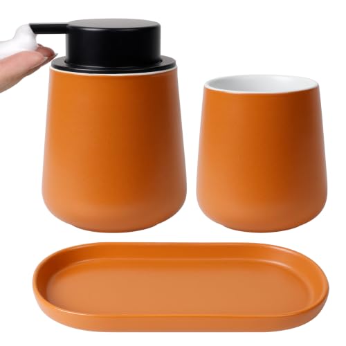 BosilunLife Ceramic Bathroom Accessories Set 3 Pcs, Foaming Soap Dispenser and Toothbrush Holder with Tray, Modern Farmhouse Vanity Decor, Orange Housewarming Gift - color: Orange, style: Foam