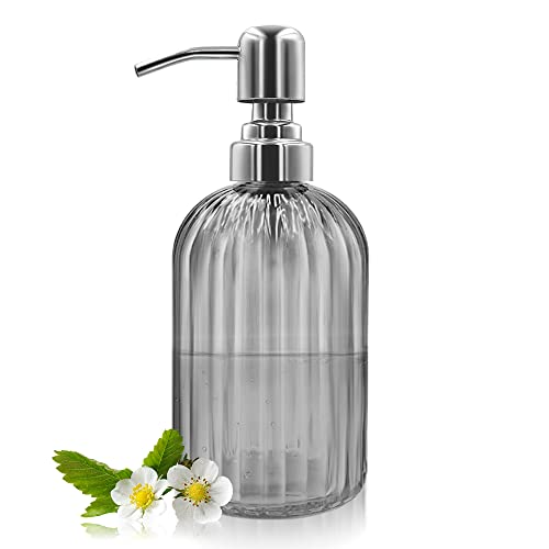14 Oz Glass Soap Dispenser with 304 Rust Proof Stainless Steel Pump, Refillable Hand Liquid Soap Dispenser for Bathroom, Kitchen, Countertop, Laundry Room (Dark Grey) - color: Gray