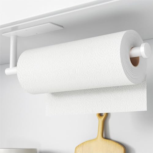 Paper Towel Holder - Self-Adhesive or Drilling, White, Wall Mounted, SUS304 Stainless Steel Kitchen Roll Dispenser Under Cabinet - color: White